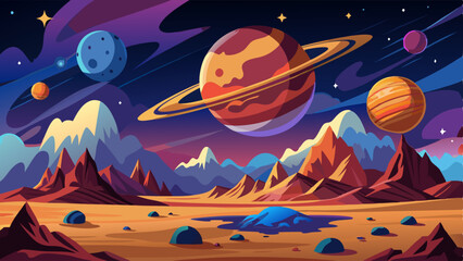 Mars surface, alien planet landscape. Night space game background with ground, mountains, stars, Saturn and Earth in sky. Vector cartoon fantastic illustration of cosmos and dark martian surface