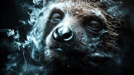 Wall Mural -   A close-up of a dog's face, with smoke billowing from its eyes