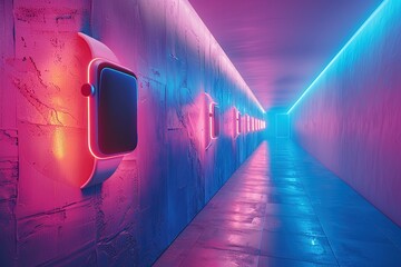 Poster - A long hallway with neon lights and a white watch on the wall