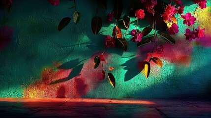 Wall Mural -   Wall adorned with vibrant blooms and a cast shadow from nearby foliage