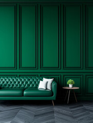 Wall Mural - Green leather sofa in a minimalist living room.