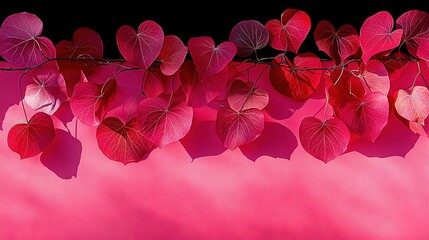 Wall Mural -   A few crimson foliage dangle from a limb against a rose backdrop with a dark edge in the foreground