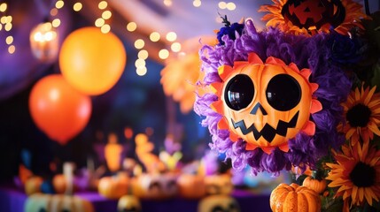 A Halloween party with a purple flower head and orange and purple balloons