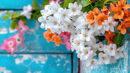 Wall Mural -   A group of white and orange blossoms dangle from a blue-painted wooden panel, surrounded by green foliage and pink and white petals