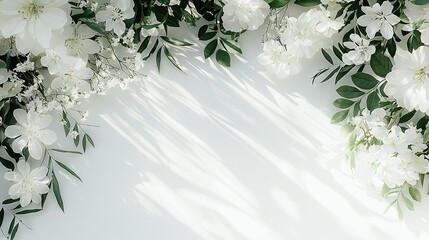 Wall Mural -   White flowers on white background with green leaves and central shadow