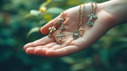 A hand holding a necklace with multiple religious charms.