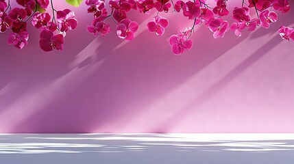 Wall Mural -   A pink wall with pink flowers dangling and a lush green plant at its center