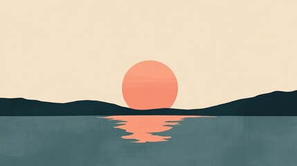 Wall Mural - a painting of a sunset with a large orange sun in the sky