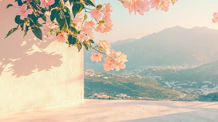 Canvas Print -   Pink flowers bloom on a building's facade, offering a stunning view of valley and distant mountains