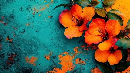 Poster -   A cluster of orange blossoms atop a blue-yellow canvas with splattered paint