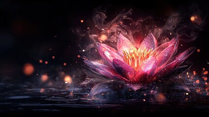 Wall Mural -   A Pink Flower Floating on Water with Smoke Coming Out of Its Top