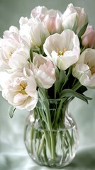 Wall Mural -   A vase with pink and white flowers sits atop a white tablecloth against a soft green background