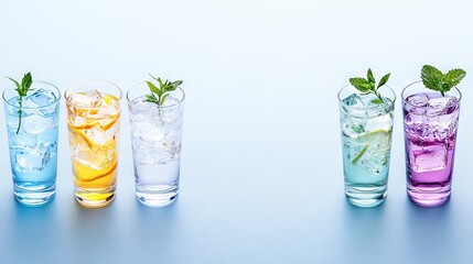 Wall Mural -   A quartet of glasses brimming with distinct beverages and adorned with mints and lemons