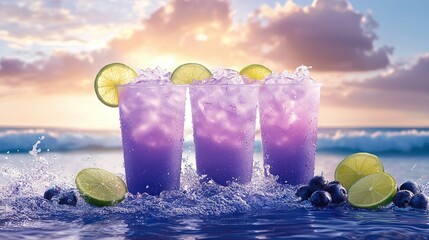 Wall Mural -   Three glasses of purple lemonade with limes and blueberries in the water, set against a beautiful sunset backdrop