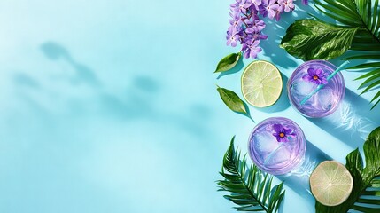 Canvas Print -  A table with two glasses of purple liquid and lime slices next to purple flowers and green leaves