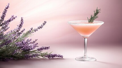 Wall Mural -   A coupe glass with a pink drink and a lavender bush on a pink background