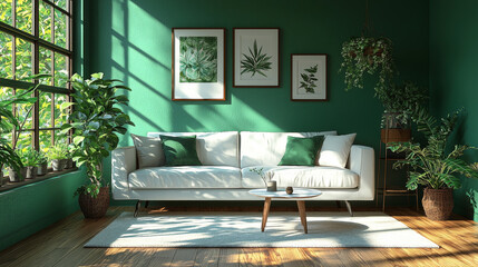 A modern living room with a white sofa and green accents.