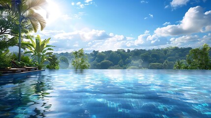 Poster - A resorts infinity pool is encircled by flora on a beautiful day