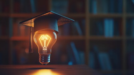 A graduation hat with a glowing light bulb as its tassel, representing the idea of enlightenment through education