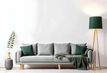 Modern interior with a gray sofa and wooden floor lamp on a white background, mockup template for product presentation. White wall background with a grey fabric couch and a green blanket.