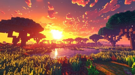 Wall Mural - Pixelated Animal Paradise: 3D Cube World in Vibrant Savanna with Acacia Trees and Sunset