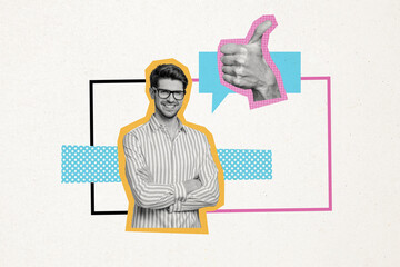 Aufkleber - Composite photo collage of happy man crossed hands speak text box communication hand show feedback gesture isolated on painted background