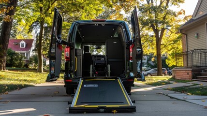 accessible van with an extended wheelchair ramp parked in a residential area