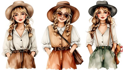 Wall Mural - Charming Watercolor Illustrations of Happy Vintage Fashionista and Country Girl Collection on White Background