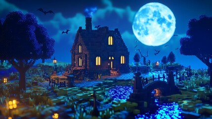 Wall Mural - Eerie 3D Cube World: Haunted House, Ghostly Figures, Moonlit Shadows