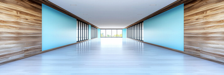 Wall Mural - Modern hallway with wood and blue walls.