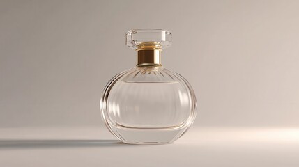 Front view of a clear glass perfume bottle with gold cap, luxurious touch, solid color background, smooth lines