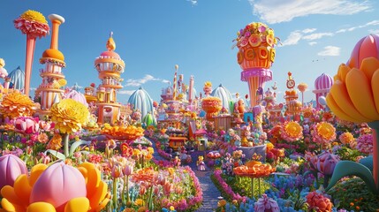 Blooming Celebration: 3D Cube Flower Festival with Lively Characters and Festive Decorations