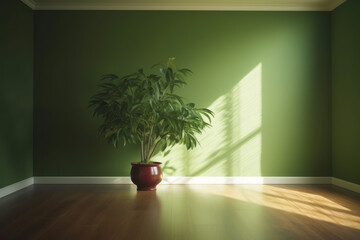 generated illustration of plant in a empty room with a green wall and a window with light.