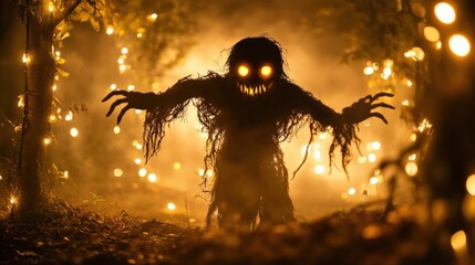 A creepy monster with glowing eyes stands in a forest