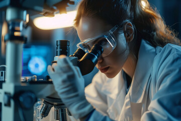 Wall Mural - Female scientist working with a microscope in a laboratory.