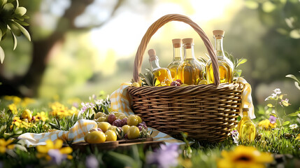 Wicker basket overflowing with flavored olive oils in miniature picnic scene.