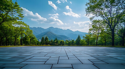 Wall Mural - empty square floor and green mountain nature landscape in city park : Generative AI