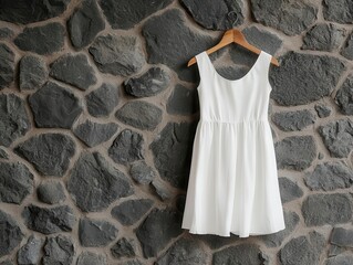 Wall Mural - Crisp white dress hanging on a smooth wooden hanger, perfectly neat against a stone wall backdrop