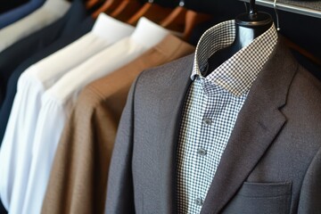 Stylish men's clothing displayed in a modern tailor shop, featuring blazers and shirts in various colors and patterns.