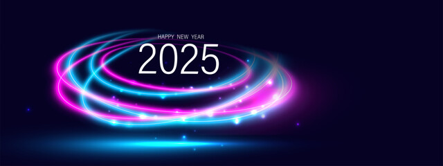 2025 Happy New Year Background with neon light effect. concept for greeting card, banner and wallpaper.