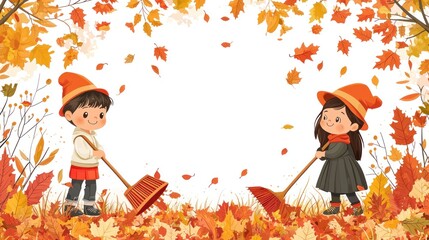 Two children are raking leaves in a forest