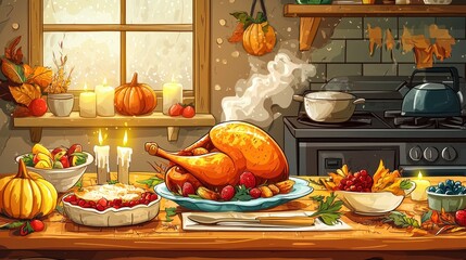 A Thanksgiving dinner is set on a table with a turkey, potatoes, cranberry sauce