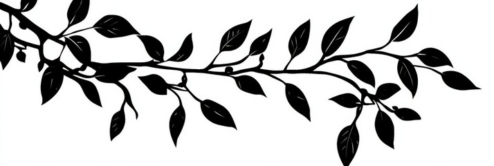 Laurel Branch. Black Silhouette of Tree Branch and Leaves in White Frame Design