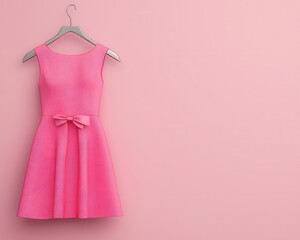 Neatly arranged sleeveless dress on a metal hanger, hanging in front of a soft pink background