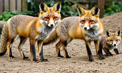 in a serene outdoor setting, a family of red foxes interacts and explores their sandy environment du