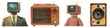 © EvaMur - A set of elements : a man with a TV on his head, an old radio, a speaker. Retro style cards cut out of paper. Grunge stickers, png, transparent background.