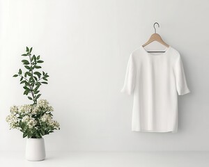 Wall Mural - Floral sundress hanging on a sleek chrome hanger, perfectly arranged on soft white background