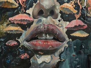 Wall Mural - A close-up of a woman's mouth, painted in a surreal style with jellyfish and other marine life.