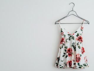 Wall Mural - Floral sundress neatly draped on a chrome hanger, against a minimalist white wall