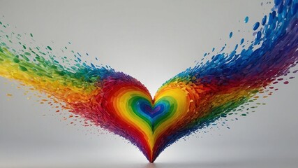 Poster - Colorful heart-shaped wings made of rainbow feathers against light background